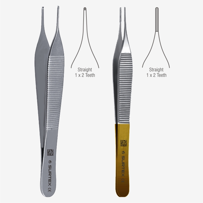 HTI BRAND HTI INSTRUMENTS 248C-G-FEN PREMIUM HIGH GRADE ADSON TISSUE DISSECTING FORCEPS 1X2 TEETH 4.75 CURVED ANGLED WITH FENESTRATED GOLD HANDLE
